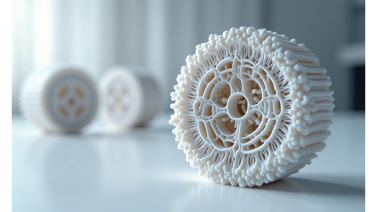 A highly magnified view of a ceramic component showcasing internal cooling channels and a lightweight lattice structure, highlighting advanced design possibilities.