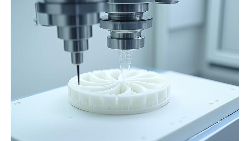 Precision CNC machine cutting a ceramic component in a cleanroom environment.