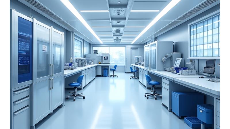 Modern materials science laboratory with advanced equipment and a scientist working.