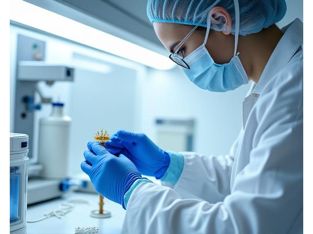 Scientist in a cleanroom environment handling ceramic samples under controlled conditions.