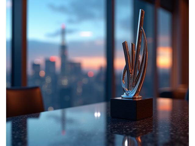 An industrial award displayed on a modern laboratory desk, signifying achievement.