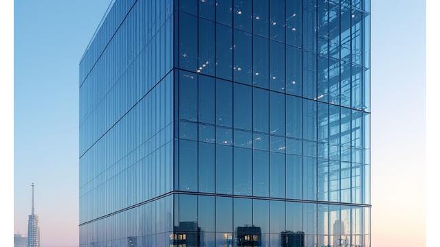 Modern building exterior with smart glass facades dynamically adjusting to sunlight, reflecting energy efficiency and sophisticated design