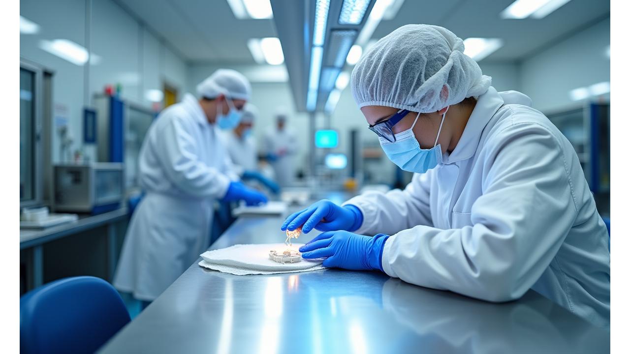 Sterile cleanroom environment with technicians in full PPE meticulously inspecting ceramic medical components on a gleaming white surface.