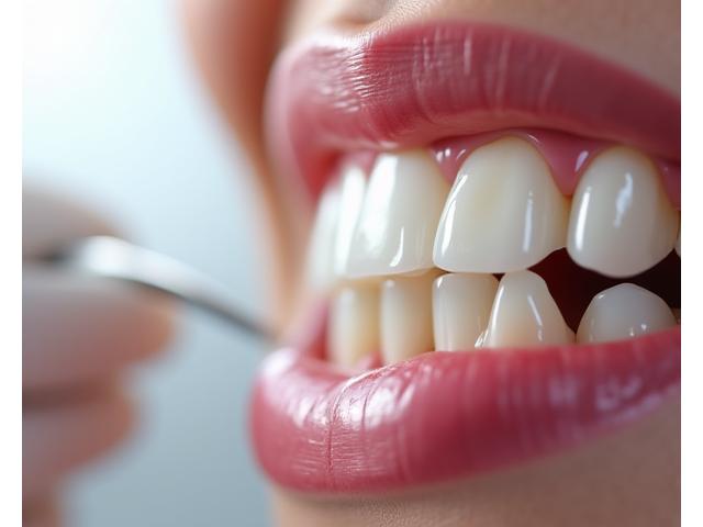 Close-up of a human mouth with a gleaming ceramic dental crown perfectly matching adjacent natural teeth.