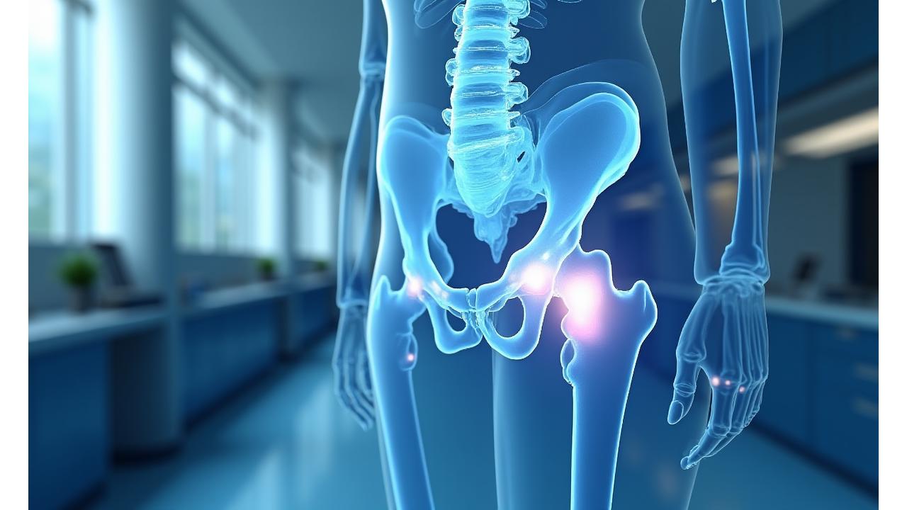 3D rendered transparent human skeletal system with glowing points indicating ceramic implant locations, symbolizing advanced patient care.