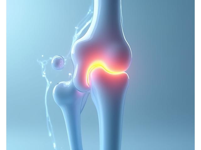 3D rendering of a ceramic hip joint prosthetic with ultra-low wear rates indicated by subtle glowing lines.