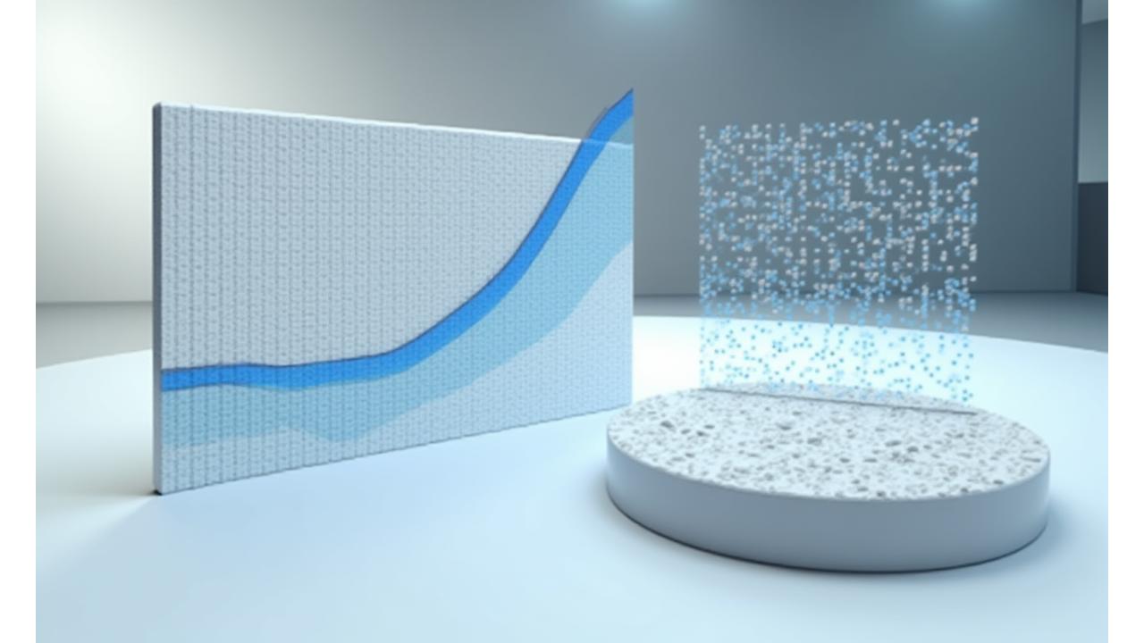 Detailed scientific graphs showing material wear resistance and strength, juxtaposed with a magnified ceramic surface structure highlighting its tailorability.