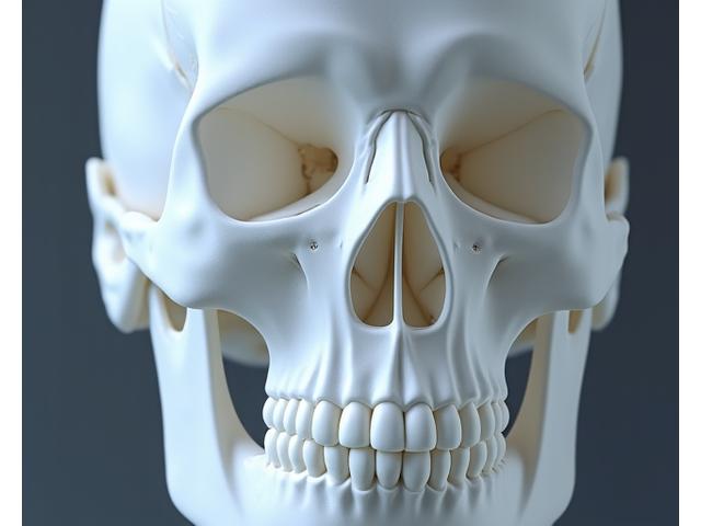3D render of a human skull highlighting a ceramic maxillofacial implant precisely integrated into the facial bone structure.