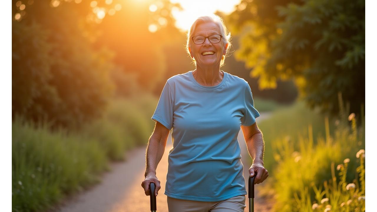 Inspiring image of an active senior patient smiling, engaging in daily activities with confidence, representing successful implant outcomes.