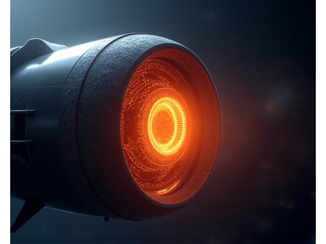 Detailed cross-section of a jet engine turbine blade made from advanced ceramic matrix composite (CMC) material, glowing with high-temperature resistance.