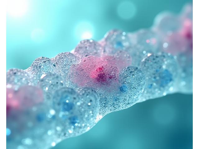 Microscopic view of porous bioactive glass scaffold with new bone cells growing within its structure, vibrant and life-like.