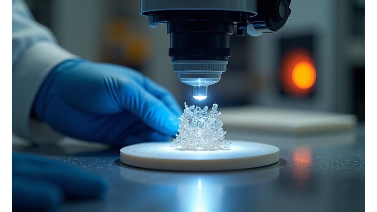 Close-up of a scientist's hand adjusting a high-tech material sample under a bright microscope light, with blurred industrial lab equipment in the background.