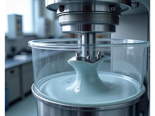 Close-up of a precision planetary mixer used for ceramic slurry preparation, showing rotating components and a clear container of viscous material.