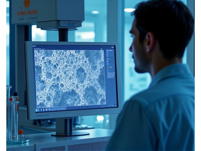 A scientist operating a scanning electron microscope (SEM) in a modern, clean laboratory, focusing on the screen displaying a magnified material structure.