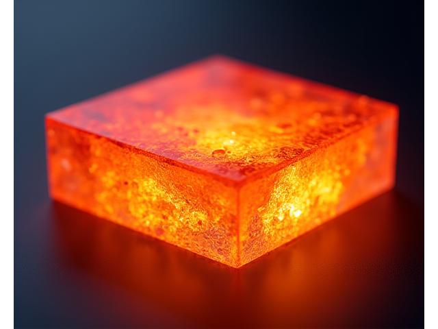 Glowing orange ceramic composite reflecting extreme heat, with a shimmering, almost molten appearance against a dark, futuristic background.