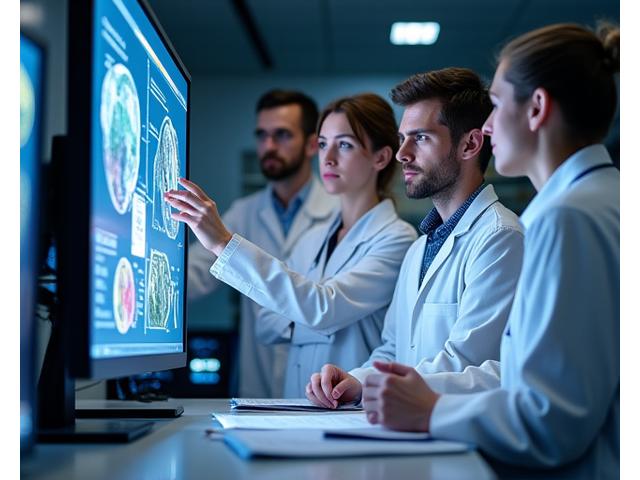 A team of scientists and engineers discussing analytical data in a modern lab environment.