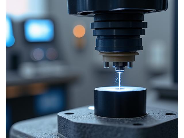 A ceramic disc undergoing a mechanical fracture toughness test, with a digital readout of force and displacement.