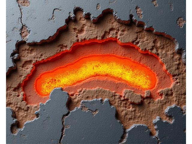 Cross-section of a furnace lining exhibiting severe material erosion and chemical attack.