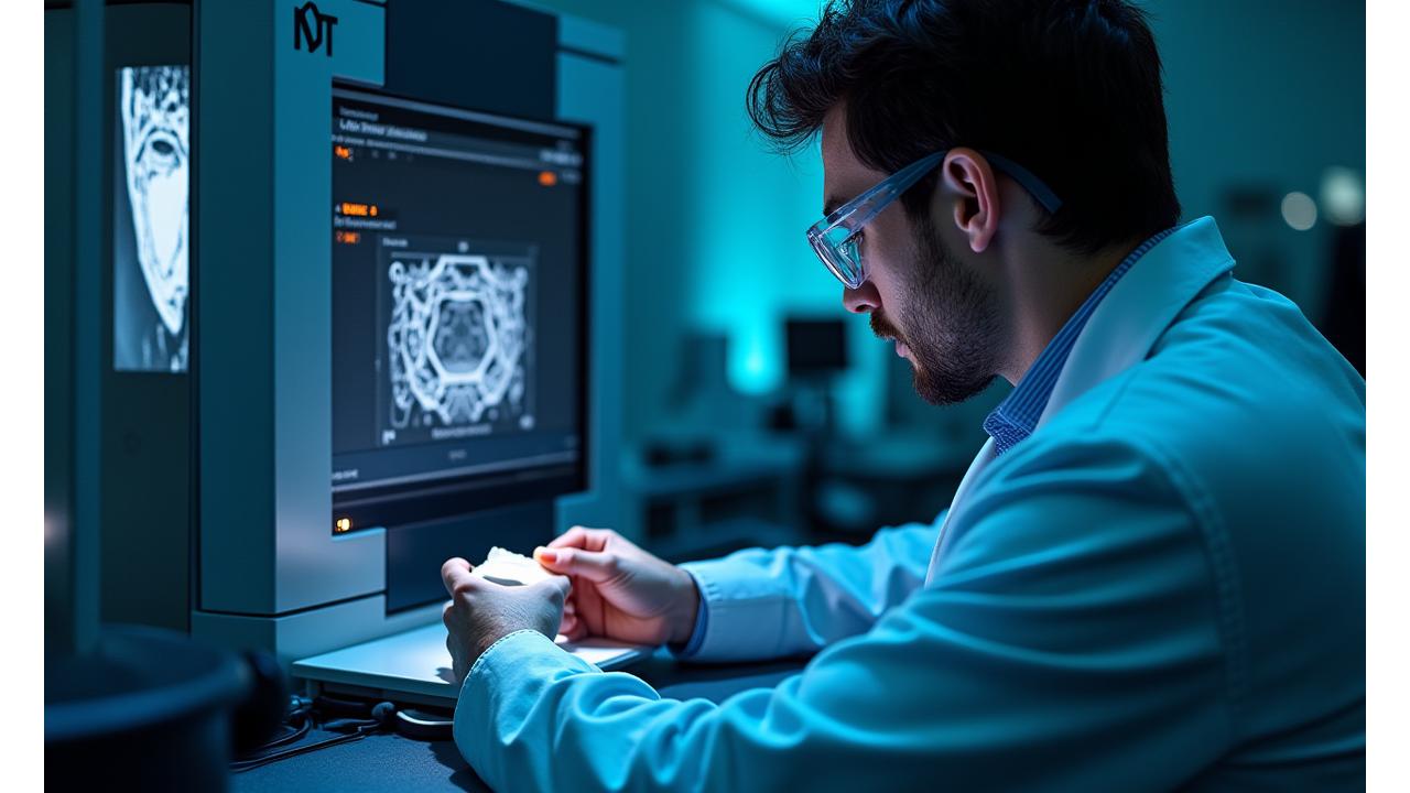 Scientists examining a ceramic component under an advanced scanning electron microscope, revealing fracture surfaces in high detail.