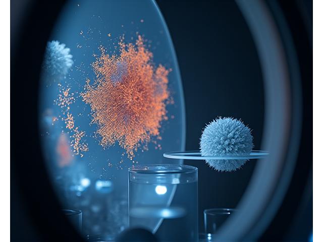Close-up of a sample inside a Scanning Electron Microscope chamber, with data overlay showing elemental analysis.