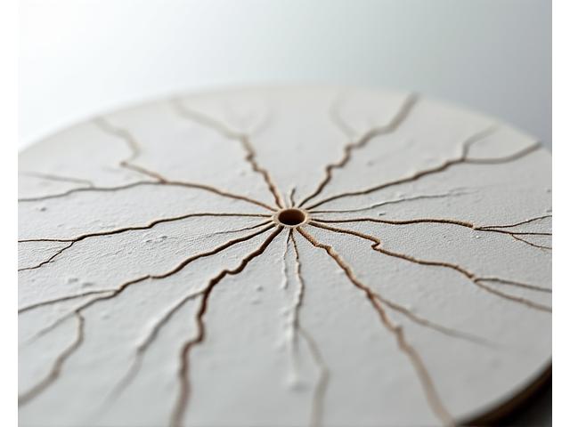 Close-up of a ceramic component with thermal shock induced cracks radiating from a central point.