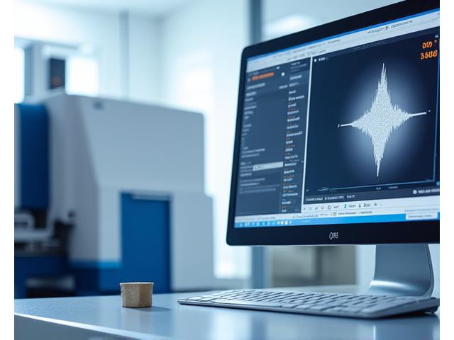 X-Ray Diffraction equipment with a sample undergoing analysis, showing a spectroscopic graph on a screen.