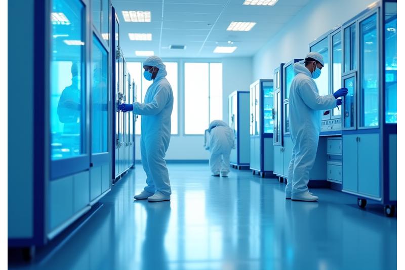 Interior shot of a Vitreous Forge Class 10 clean room, showing advanced deposition equipment and technicians in full clean room attire.