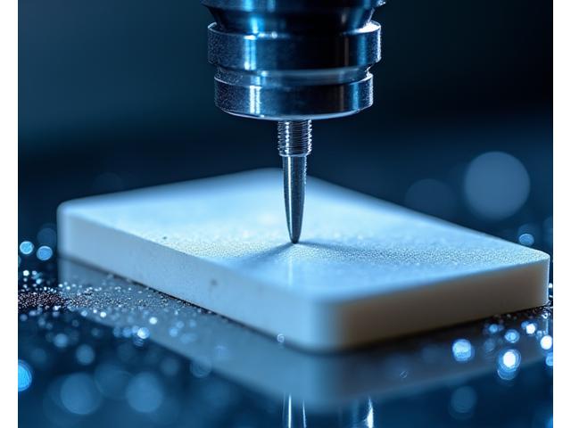 Close-up of a 5-axis CNC machine head precisely cutting a ceramic component with coolants