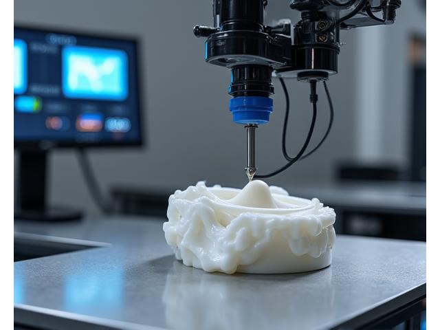 Automated coordinate measuring machine (CMM) arm precisely touching a ceramic component, measuring dimensions