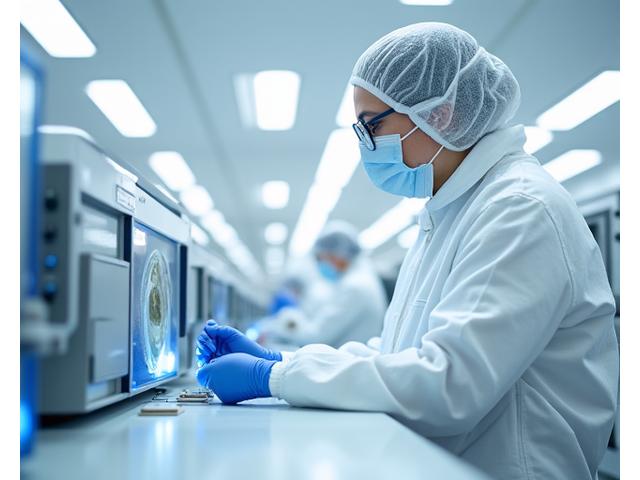 Technician in full cleanroom attire operating precision machinery with aseptic handling inside a pristine environment