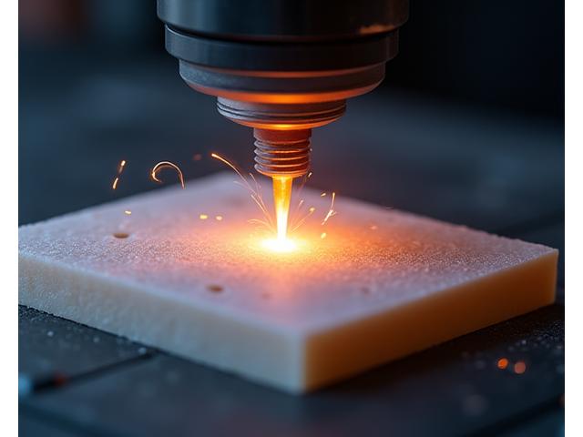Laser beam precisely cutting a very thin ceramic substrate with sparks, highlighting accuracy