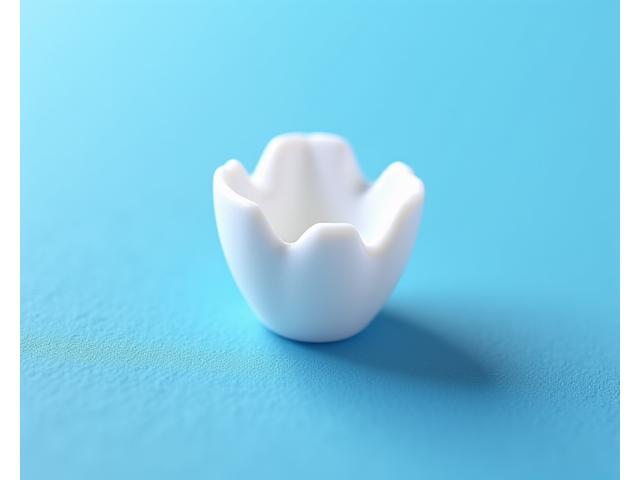 Detailed shot of a small, intricately machined bioceramic medical implant component on a blue sterile background
