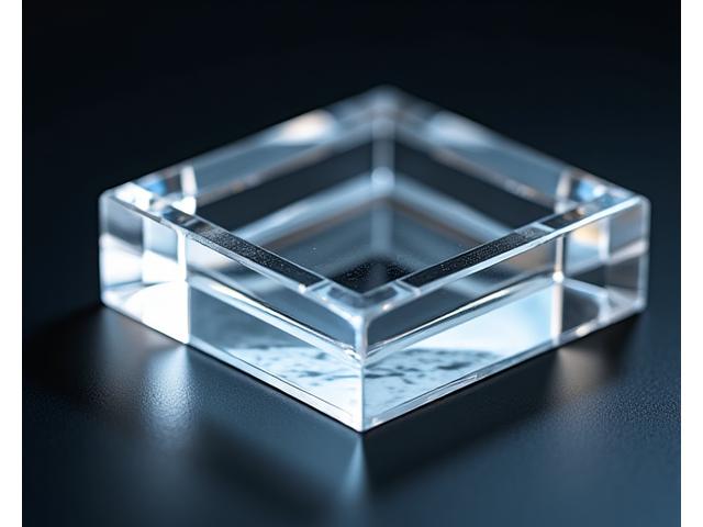 Highly polished optical glass component reflecting light with perfect clarity, demonstrating precision surface finish