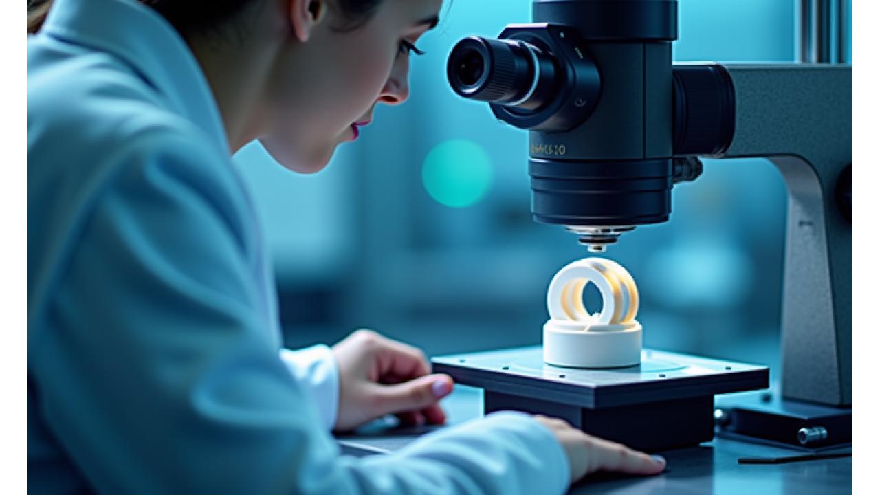 Specialized technician examining a precision-machined ceramic component under a high-resolution microscope coupled with digital measurement tools