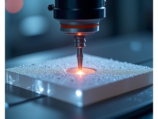High-speed ultrasonic machining tool vibrating with cooling fluid creating microscopic cuts on a glass surface