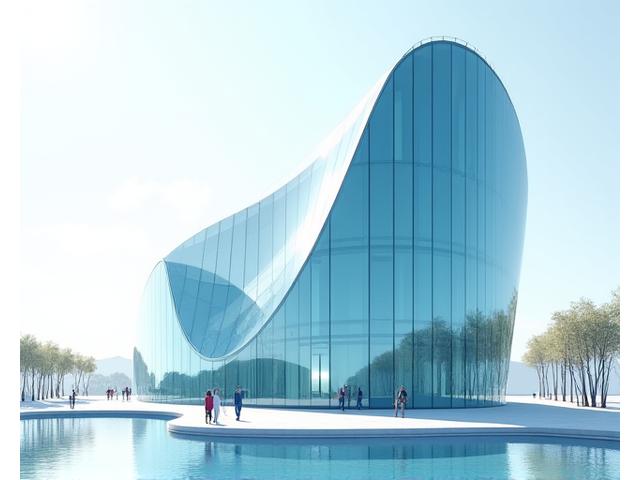Architectural rendering of a uniquely shaped modern building featuring custom curved glass panels, highlighting design freedom