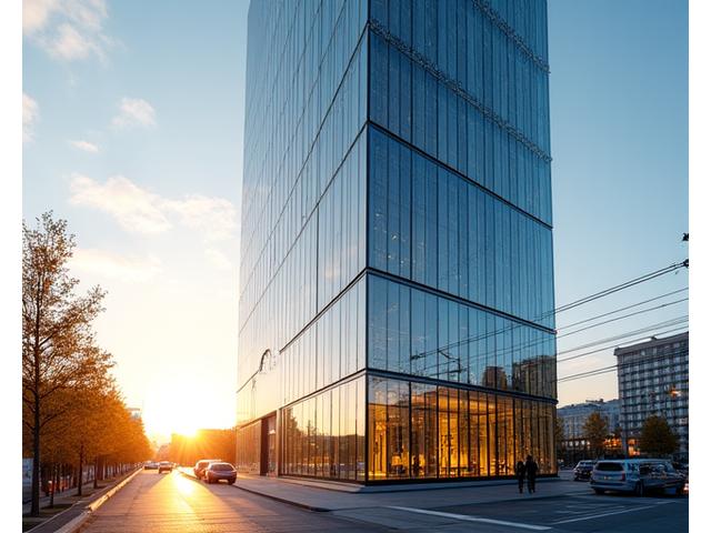 Modern high-rise building with a sleek glass facade integrated with transparent solar panels, reflecting a contemporary and sustainable design